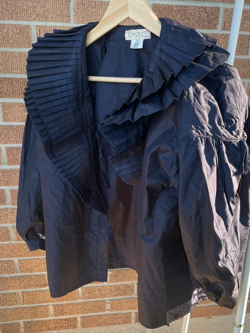 Complice Navy Ruffle Silk Collar Top